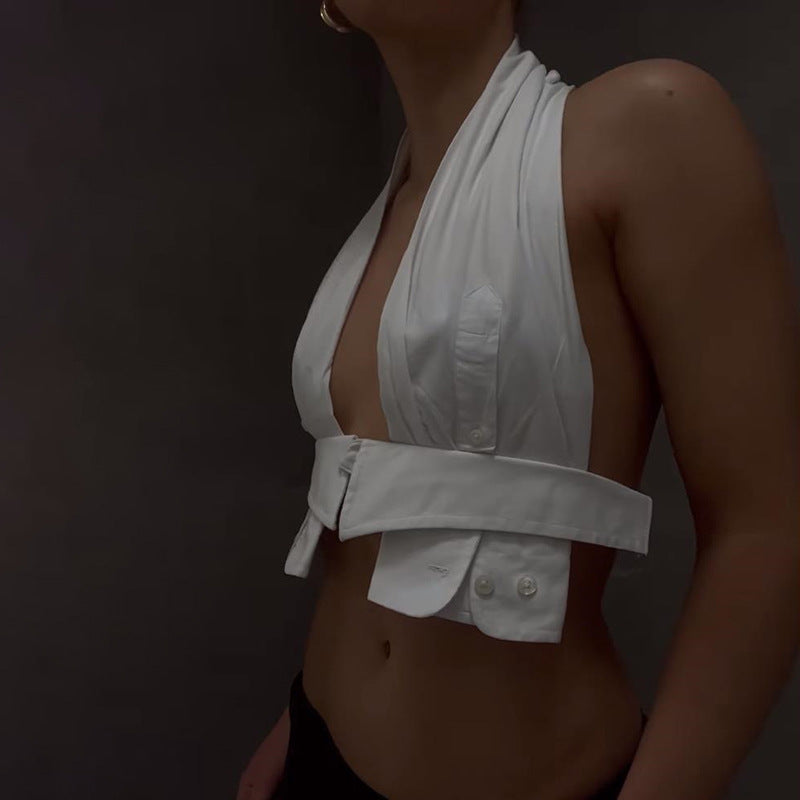 Womens Halter Neck Backless Cutout Slim Fit Crop Top Vest | noémi