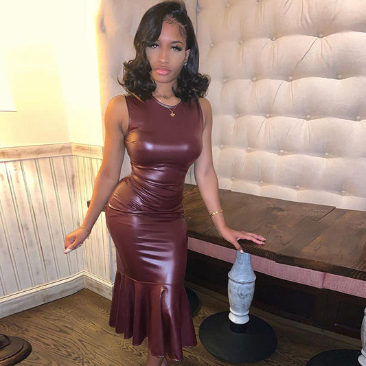 Womens Faux Leather Fishtail Dress | Sleeveless Round Neck Pleated Hem Midi | noémi