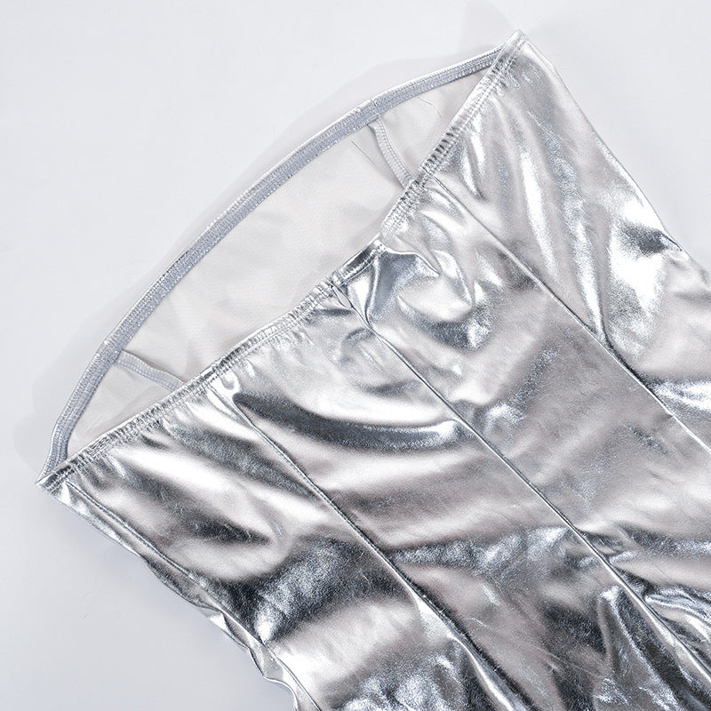 Womens Metallic Tube Top Dress with Cinched Waist Side Split | noémi