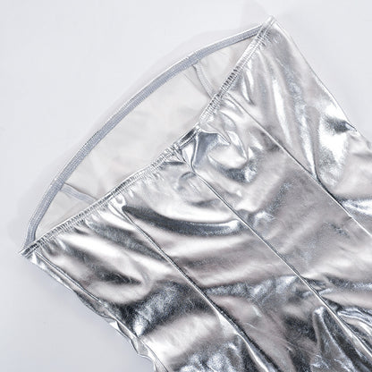 Womens Metallic Tube Top Dress with Cinched Waist Side Split | noémi