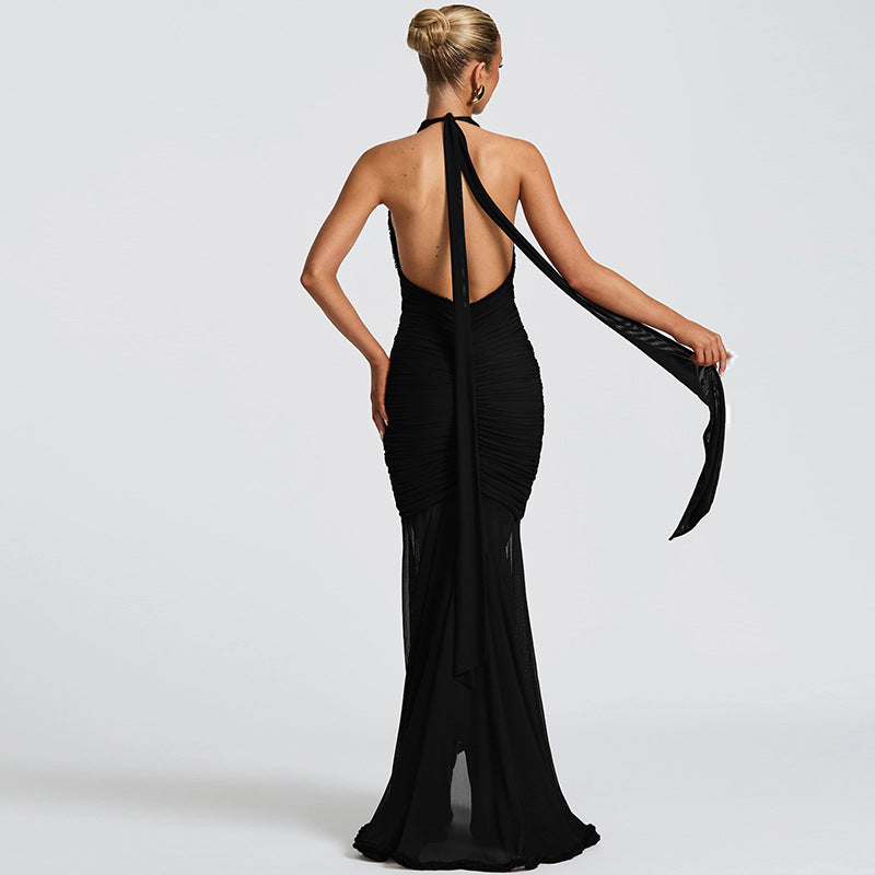 Womens Mesh Maxi Dress with V Neck Halter and Backless Design | noémi