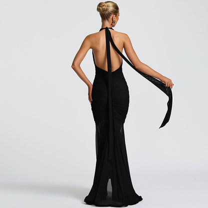 Womens Mesh Maxi Dress with V Neck Halter and Backless Design | noémi