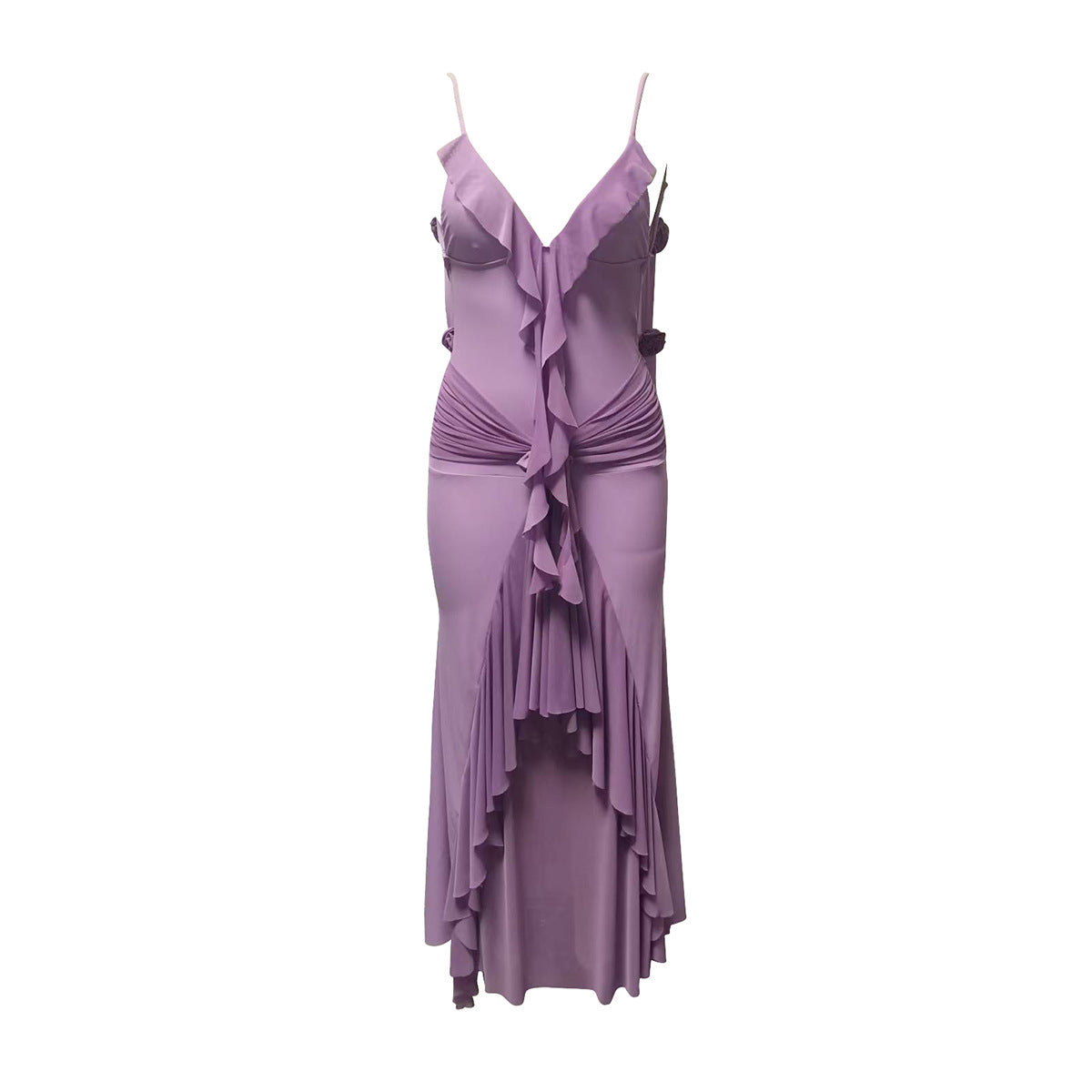 Lilac Ruffle Maxi Dress | Slit Gown with Cowl Neck & Adjustable Straps | noémi