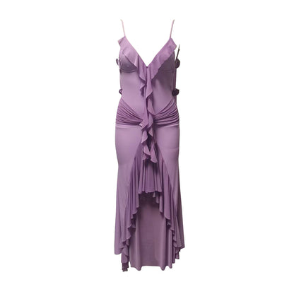 Lilac Ruffle Maxi Dress | Slit Gown with Cowl Neck & Adjustable Straps | noémi
