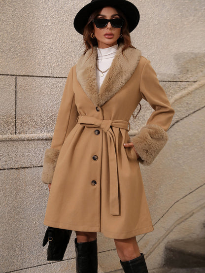 Womens Mid Length Faux Fur Collar Trench Coat | Single Breasted Belted Winter Outerwear | noémi