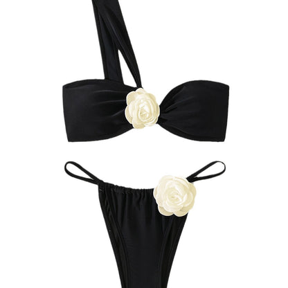 White One Shoulder Bikini with Three Dimensional Floral Detail for Women | noémi