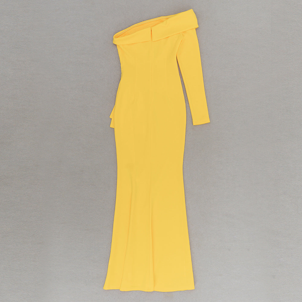 One Shoulder Diagonal Collar Split Hem Bodycon Dress | noémi