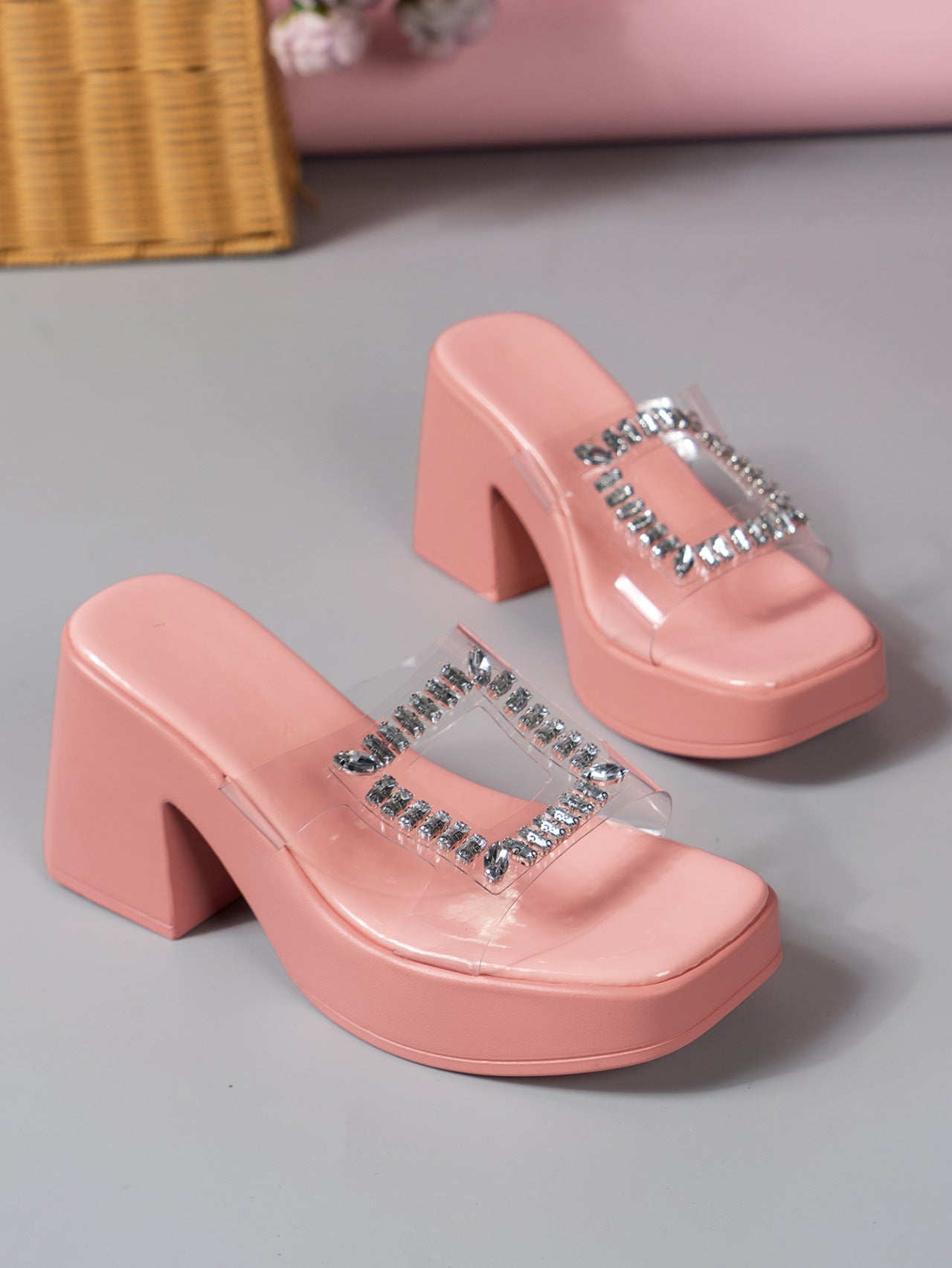 Women’s Jeweled Block Heel Sandals | Clear Strap, Crystal Embellished | noémi