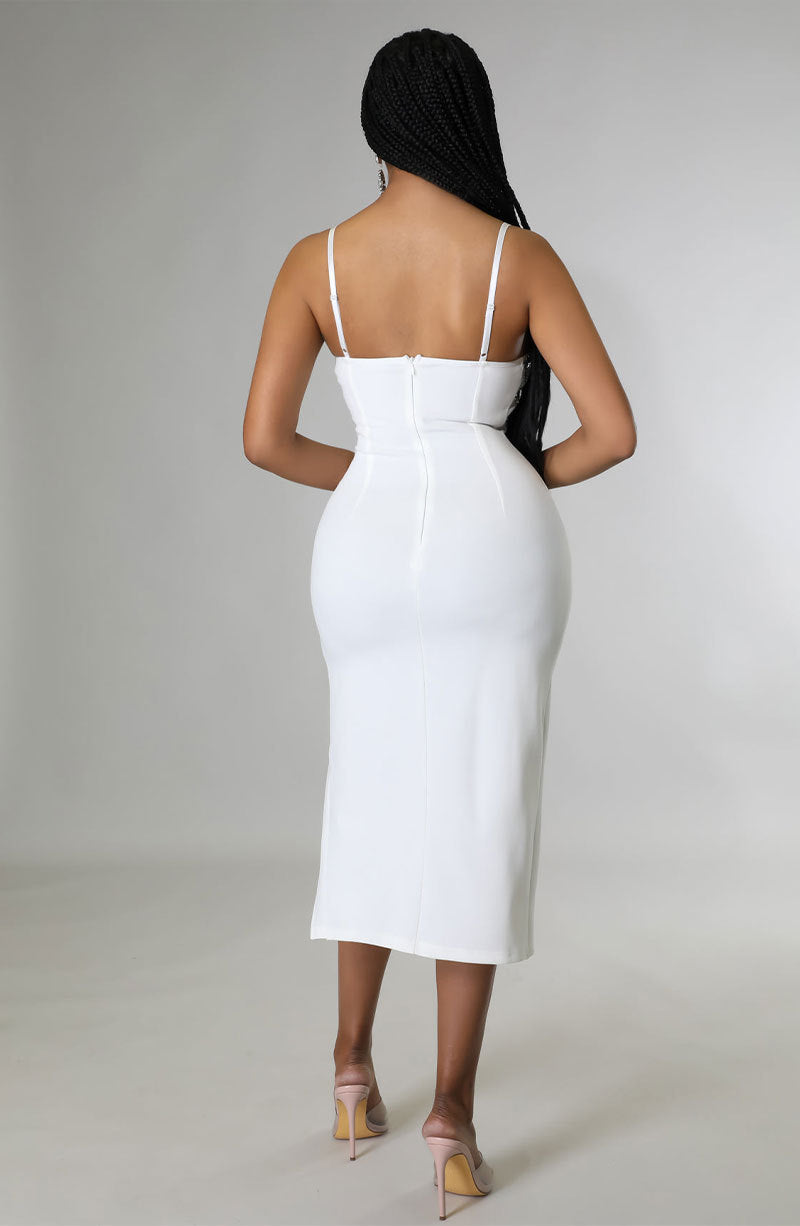 Faux Fur Trim Mid Length Rhinestone Strap Dress | noémi