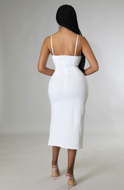 Faux Fur Trim Mid Length Rhinestone Strap Dress | noémi