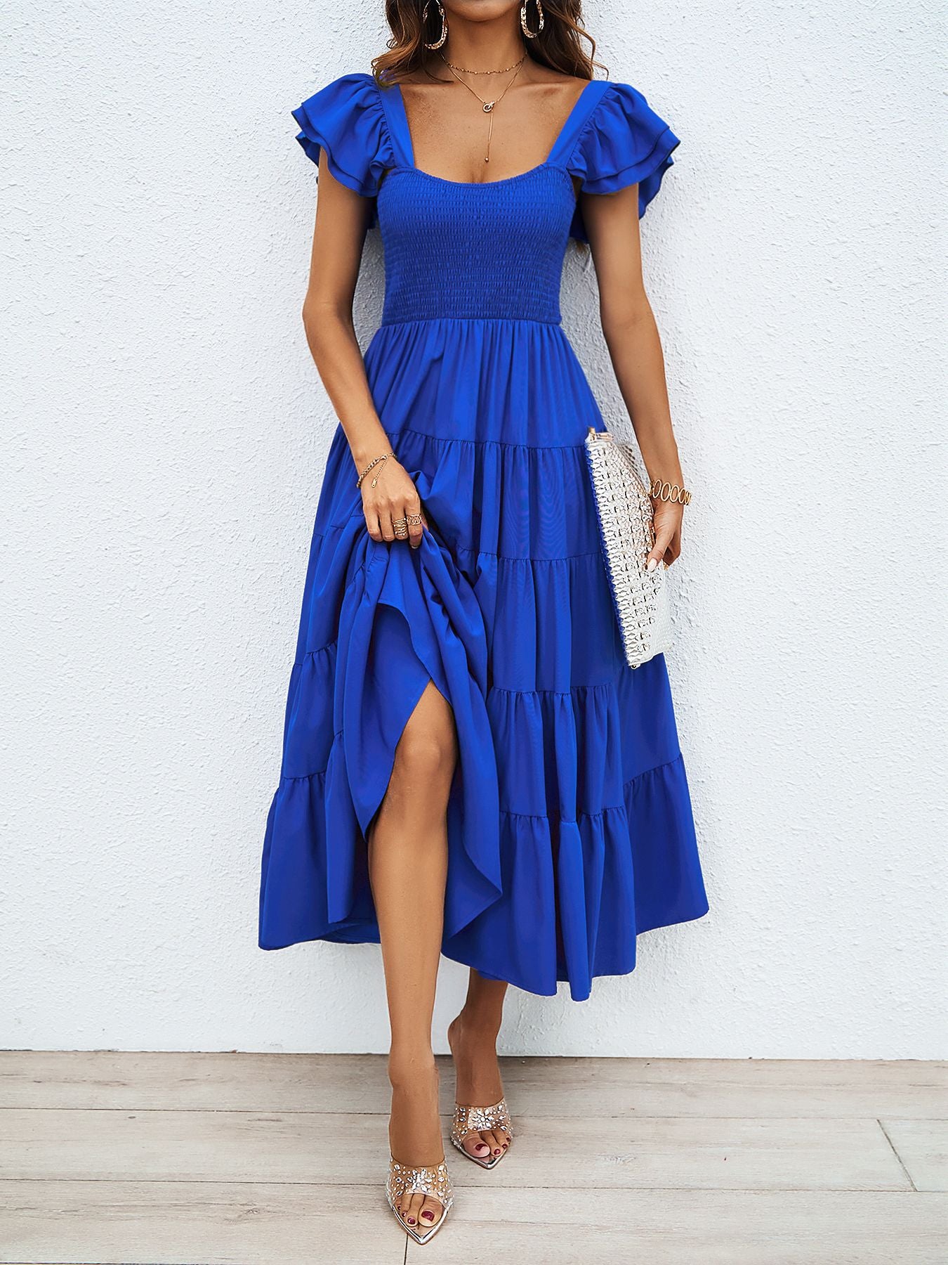 Womens Boho Print Midi Dress with Ruffle Sleeves & Pleated Skirt | Square Neckline | noémi