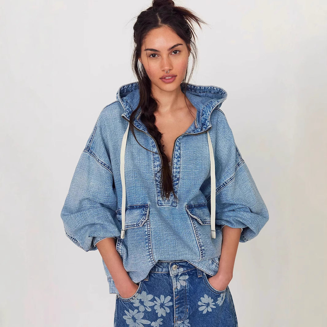 Loose Denim Hoodie | Washed Long Sleeve Top for Women | noémi
