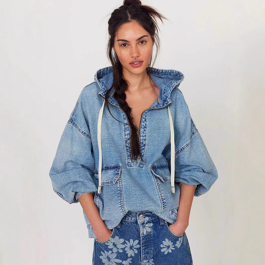 Loose Denim Hoodie | Washed Long Sleeve Top for Women | noémi