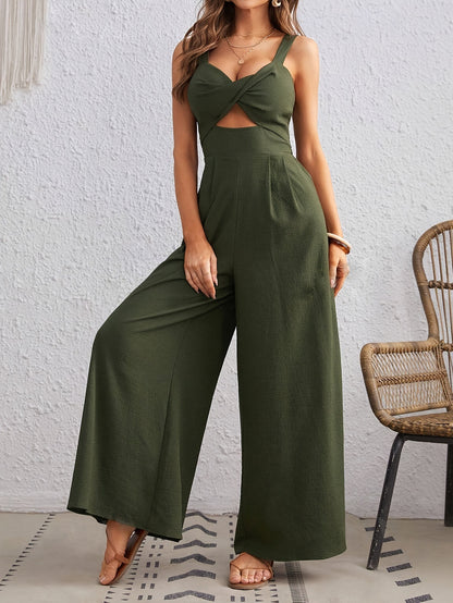 Olive Green Wide Leg Cutout Jumpsuit | Sleeveless Summer Sling Style | noémi