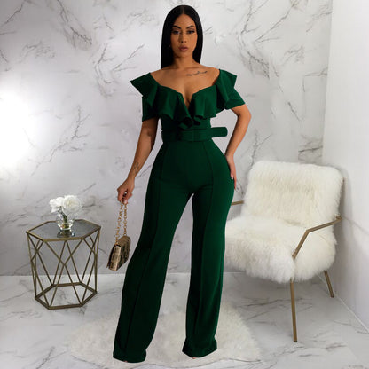 Women's V Neck Ruffle Flounce Jumpsuit | Waist Defining One Piece Outfit | noémi