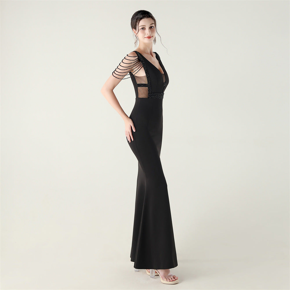 Deep V Plunge Beaded Evening Dress | Slim Fit Gown | noémi