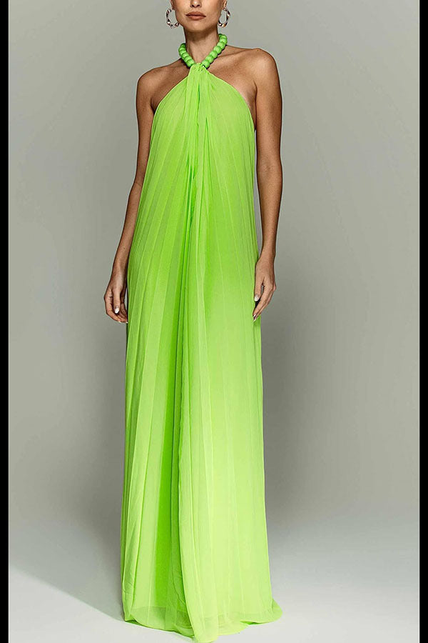 Womens Halter Maxi Dress | Lime Green Chiffon, Pleated, Backless, Flowy Fit | noémi