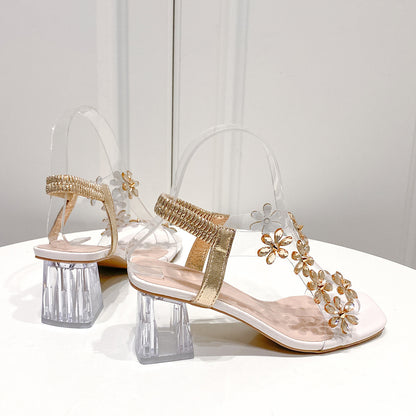 Square Toe Floral Crystal Heel Sandals | High Heels with Elastic Band | noémi