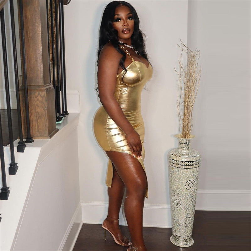 Womens Bronzing Tube Top Dress with Hem and Spaghetti Straps | noémi