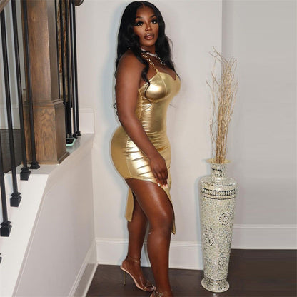 Womens Bronzing Tube Top Dress with Hem and Spaghetti Straps | noémi