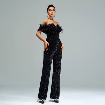 Women’s Black Sequin Off Shoulder Feather Jumpsuit | noémi