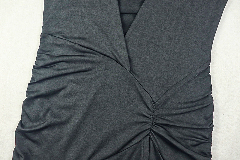 Womens Waist Slimming V Neck Pleated Draped Wrap Dress | noémi