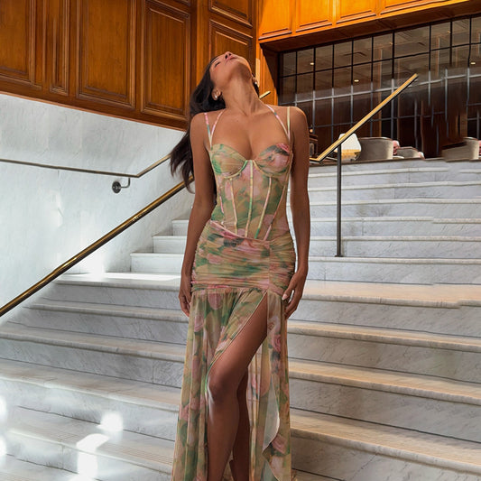 Floral Mesh Corset Maxi Dress | Ruched Gown with Thigh Slit | noémi