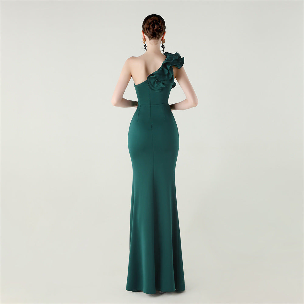 Womens One Shoulder Satin Gown | Floral Detail with High Slit | noémi
