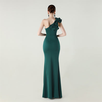 Womens One Shoulder Satin Gown | Floral Detail with High Slit | noémi
