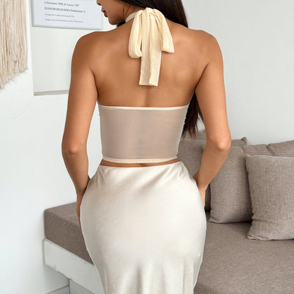 Pearl Embellished Corset Satin Maxi Top | Backless Halter | noémi