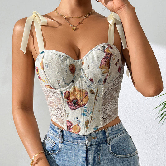 Floral Vintage Boned Corset Camisole | Slim Fit, Contrast Trim | noémi
