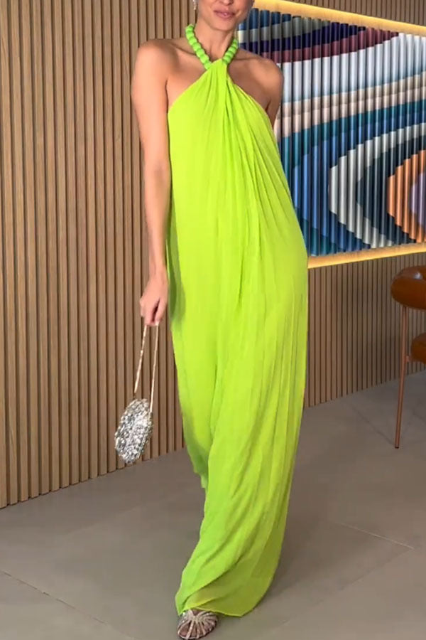 Womens Halter Maxi Dress | Lime Green Chiffon, Pleated, Backless, Flowy Fit | noémi