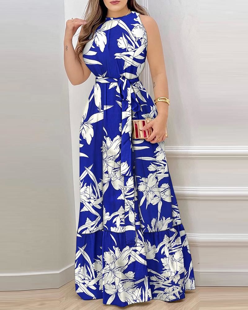 Retro Printed Halter Maxi Dress with Round Neck | noémi