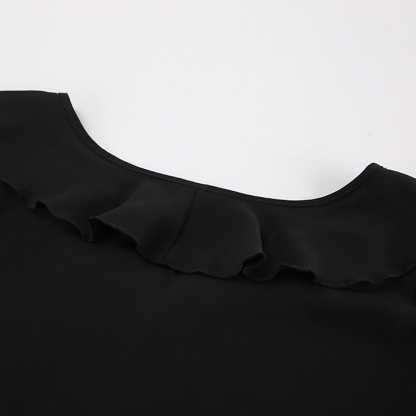 Black V Neck Chiffon Blouse for Women | Sheer Long Sleeve with Ruffle Detail | noémi