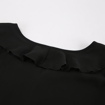 Black V Neck Chiffon Blouse for Women | Sheer Long Sleeve with Ruffle Detail | noémi