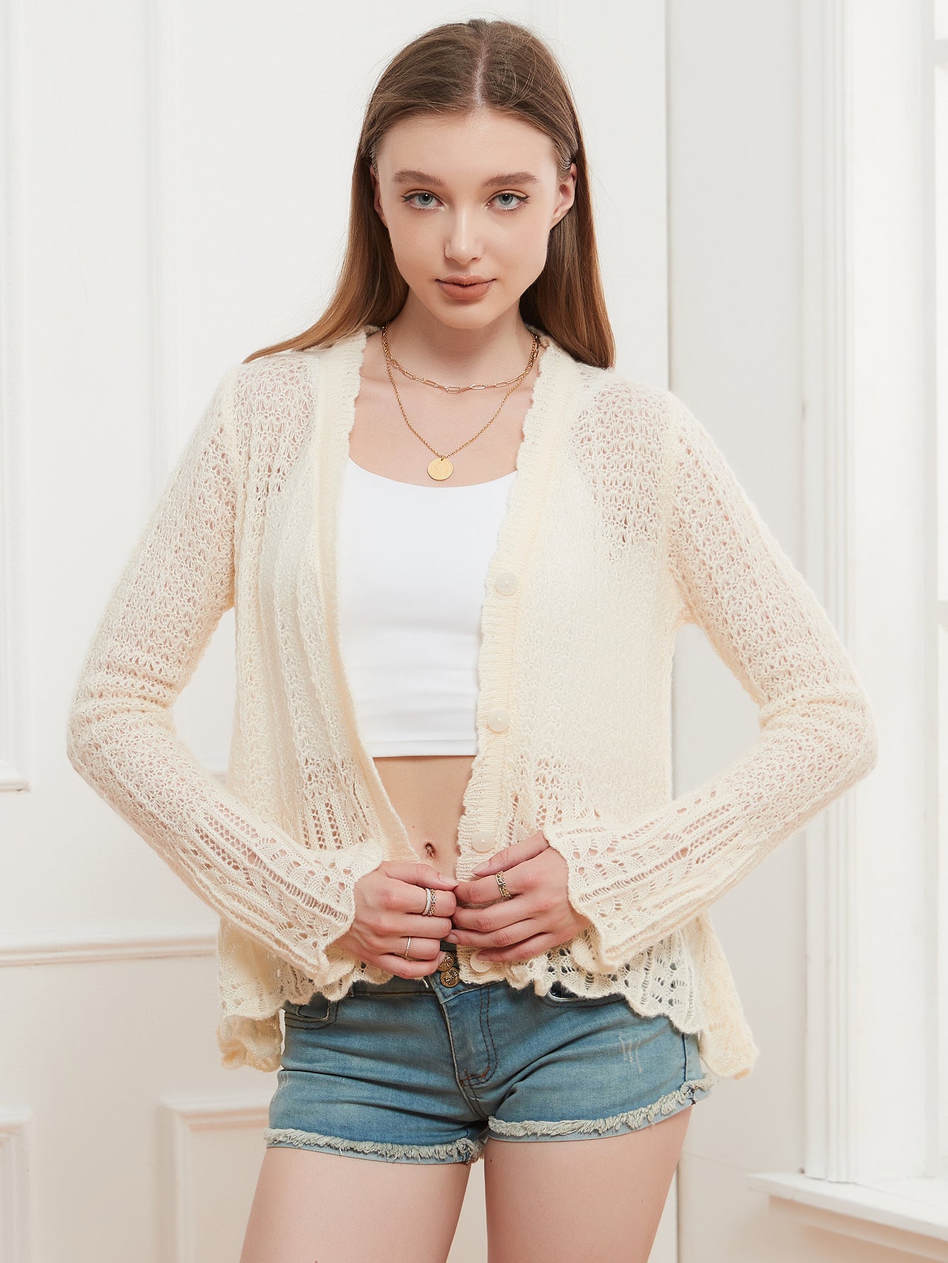 Womens Knitted Hollow Out Lace Cardigan | V Neck Sweater | noémi