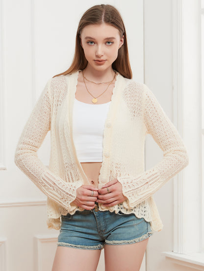 Womens Knitted Hollow Out Lace Cardigan | V Neck Sweater | noémi