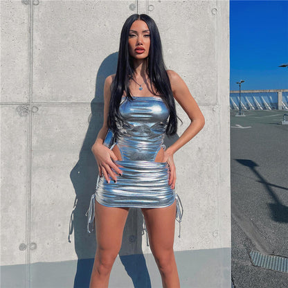 Metallic Coated Fabric Womens Fall Jumpsuit with Drawstring Waist Hip Skirt | noémi