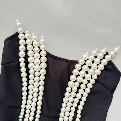 Retro Pearl Tube Top Dress | Black Bandage Gown | noémi