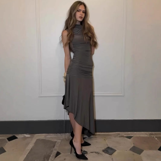 Womens Midi Dress | Slim Fit, Pleated Detail, Round Neck | noémi