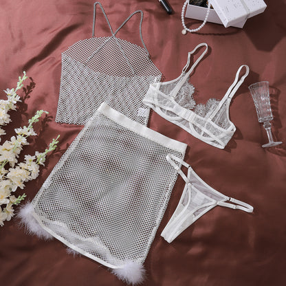 Mesh Feather Trim Body Shaping Suspenders Four Piece Underwear Set with Split Design | noémi