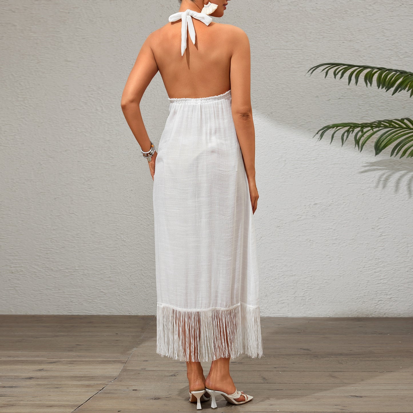 Women's White Tassel Midi Dress | Backless, Halter Neck | noémi