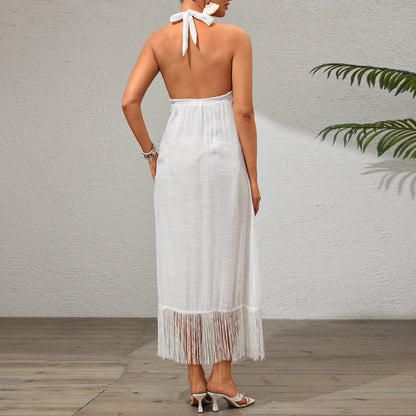 Women's White Tassel Midi Dress | Backless, Halter Neck | noémi