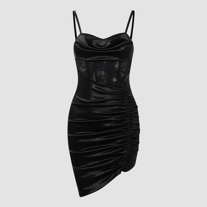 Black Satin Bodycon Mini Dress | Lace Corset Waist | noémi