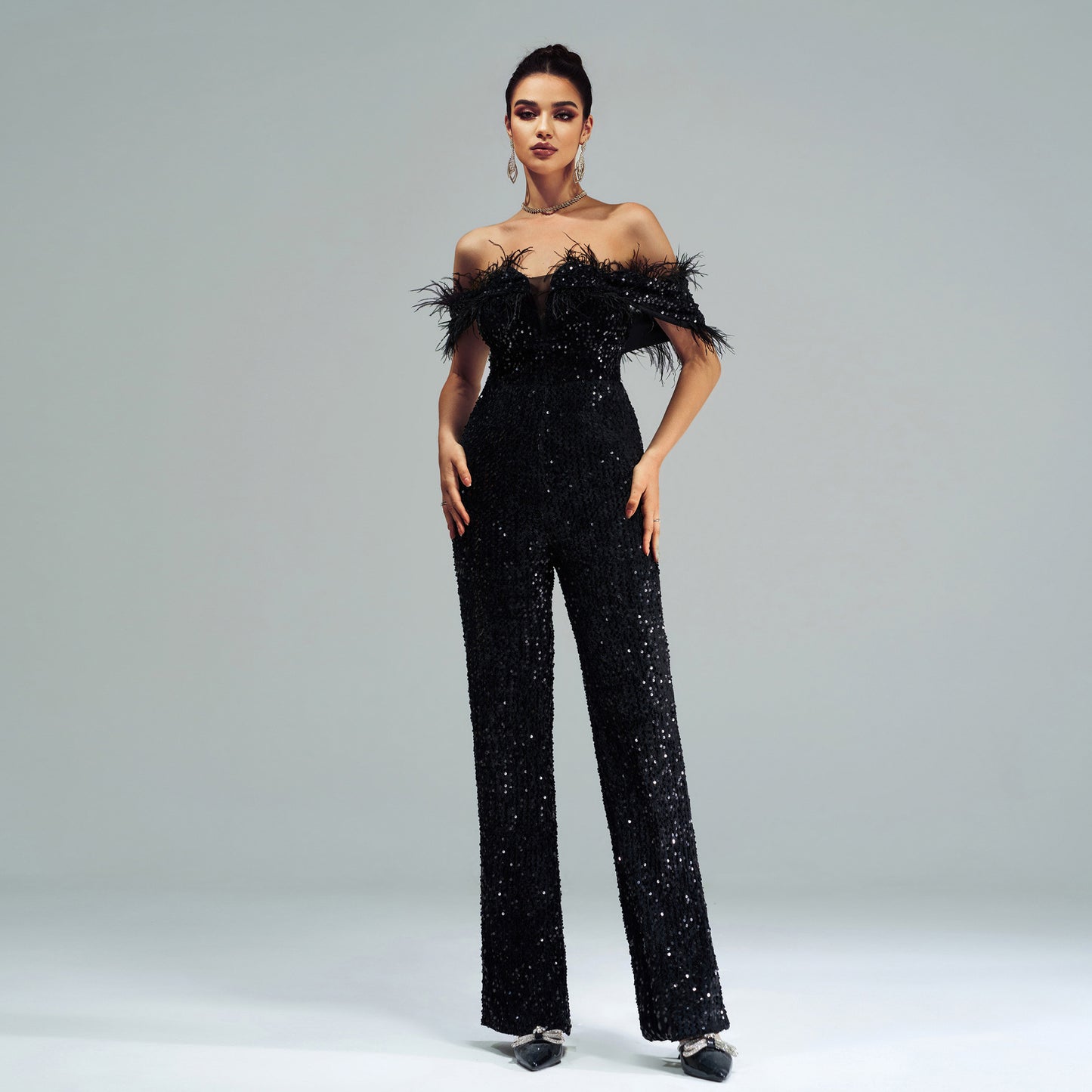 Women’s Black Sequin Off Shoulder Feather Jumpsuit | noémi