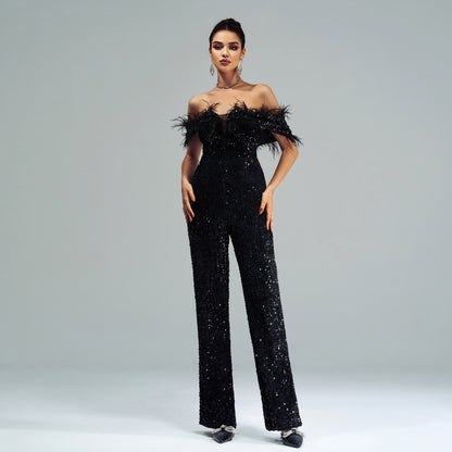 Women’s Black Sequin Off Shoulder Feather Jumpsuit | noémi