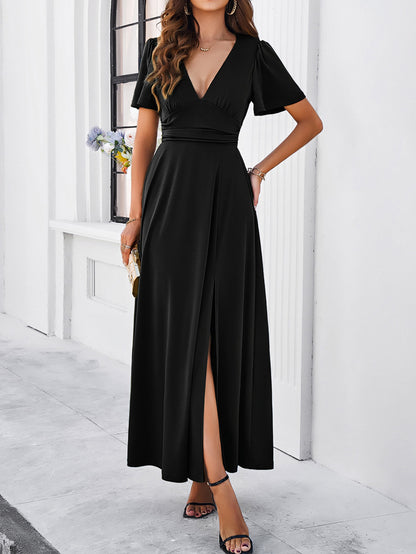 Women's Wrap Maxi Dress with Slit | Deep V Neck, Short Sleeves | noémi