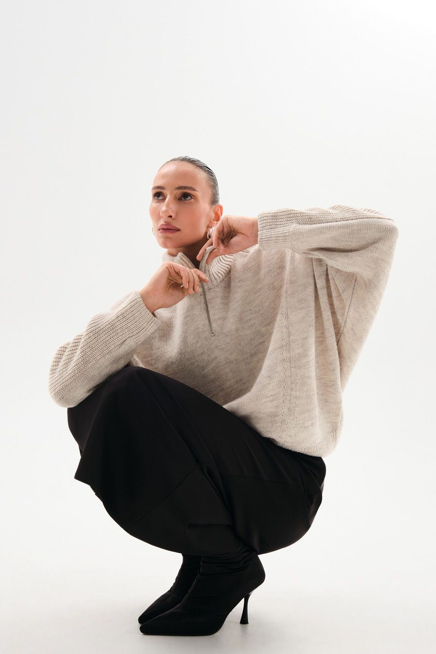 Womens Oversized Knit Sweater | Half Zip, High Neck, Soft Beige Pullover | noémi