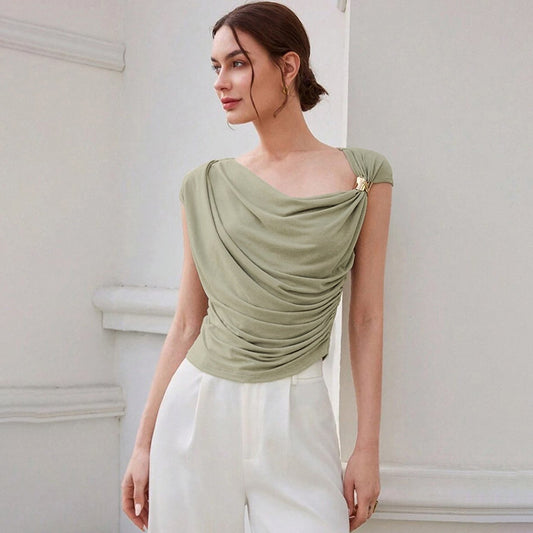 Diagonal Drape Sleeveless Top | Slim Fit & Ruched Design | noémi