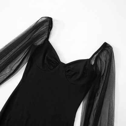 Mesh Puff Sleeve Pleated Bodycon Dress with Panel Stitching | noémi